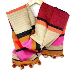 Nordstrom Women's Soft Plush Blanket Scarf Pompoms Pink Orange Black Tan Stripe